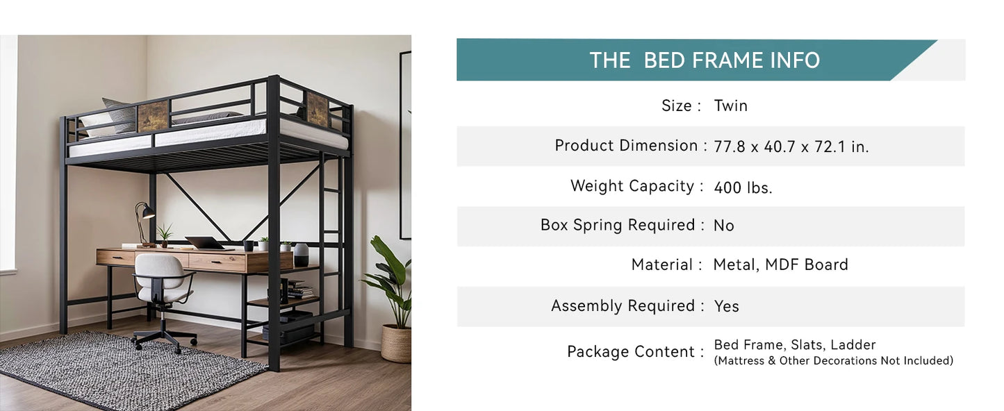 HOOMIC Twin Size Loft Bed Frame with Full Length Guardrai, Space-Saving, Sturdy Metal Construction, Easy Assembly Black Allewie