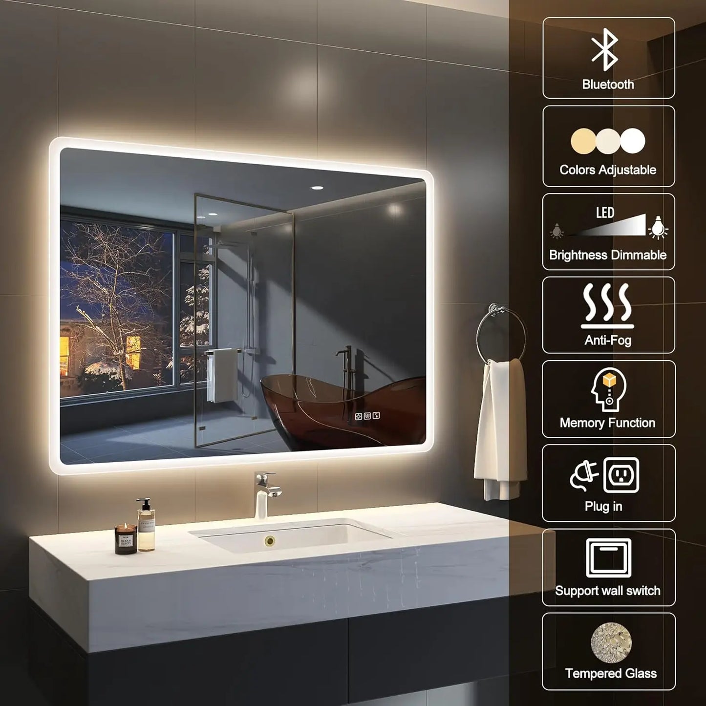 LED Bathroom Mirror with Lights – Bluetooth Speaker, Dimmable Brightness & Anti-Fog Technology