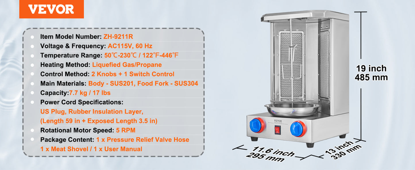 VEVOR Stainless Steel Gas Shawarma Grill Machine – 13 lbs Capacity