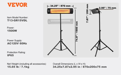 Infrared Heater, 1500W Remote Control Electric Space Heater, LED Screen Patio Heater w/ 3 Speeds & Timer, Outdoor/Outdoor